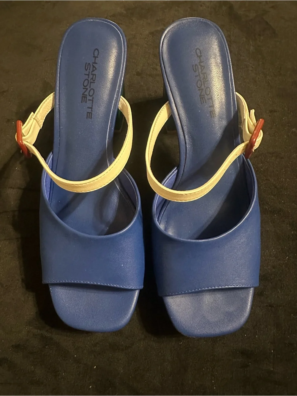 Charlotte Stone Babette size 9 Blue and Green Platform Sandals with Ivory Strap